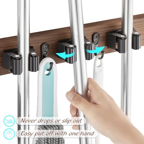 OUTNILI Mop and Broom Holder Wall Mount - Wood Broom Mop Hanger - Product Imagery