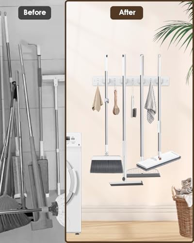 AceMining White Broom Holder Wall Mount, 4 Holders 4 Hooks Mop - Product Imagery