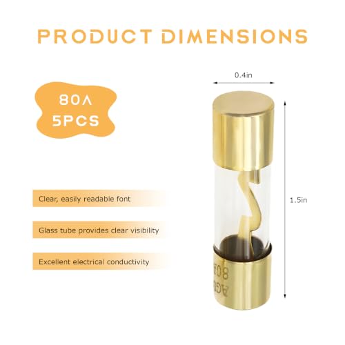 5 PCS 80A Inline Car Audio Fuse, Gold Plated Glass Auto Audio - Product Imagery