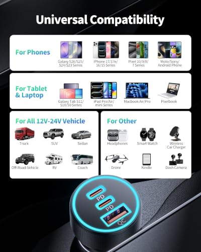 67W 3-Port Super Fast Type C Car Charger USB C for Samsung S26 - Product Imagery