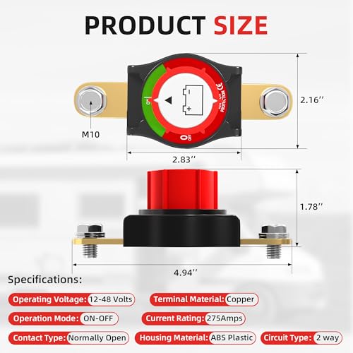 Joinfworld Side Post Battery Disconnect Switch 12V-48V 275A - Product Imagery