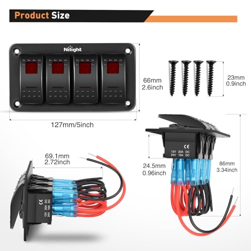 Nilight 4 Gang Rocker Switch Panel SPST On Off 5PIN Electrical - Product Imagery