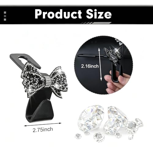 2PCS Bling Bow Car Seat Headrest Hooks, S Type Sparkling Crystal - Product Imagery