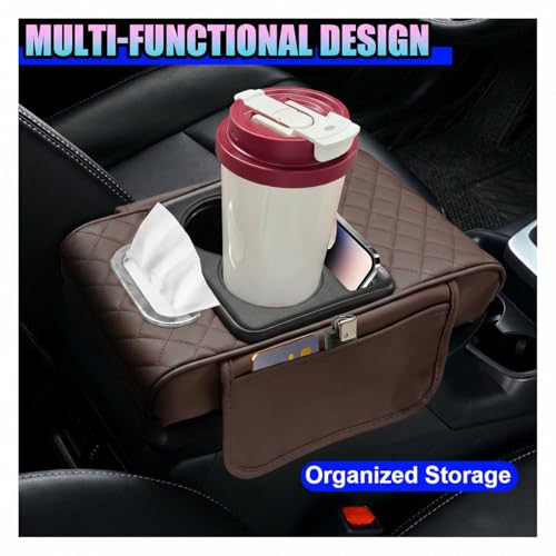 Leather Car Center Console Cover, Armrest Booster Cushion, Coffee - Product Imagery