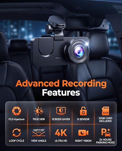 Dash Cam Front and Rear Inside, 4K Full HD 3 Channel Dash Camera - Product Imagery