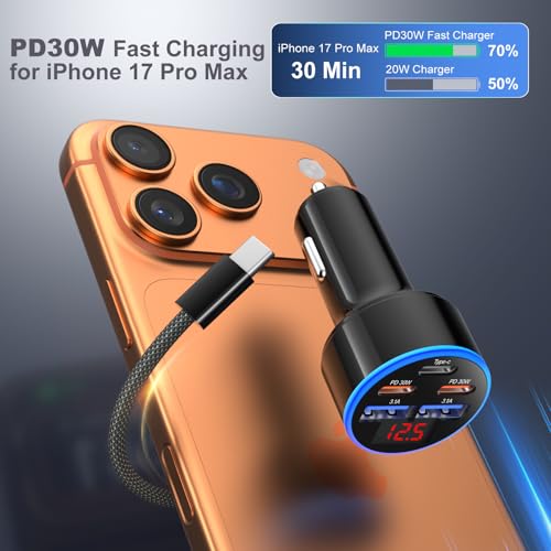 OKRAY 90W 5-Port USB C Car Charger, Dual PD30W USB-C Super Fast - Product Imagery