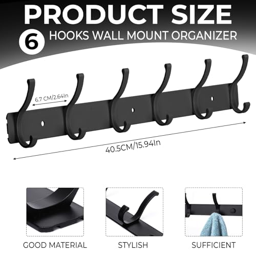 Wall Mount Coat Rack 2 Pack, Black Coat Hooks Hanger with 6 - Product Imagery