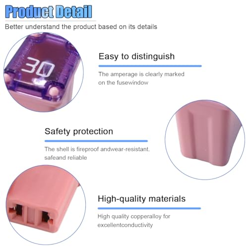 10PCS 30 Amp Car Micro Cartridge Fuses, Box Shaped, Pink - Product Imagery