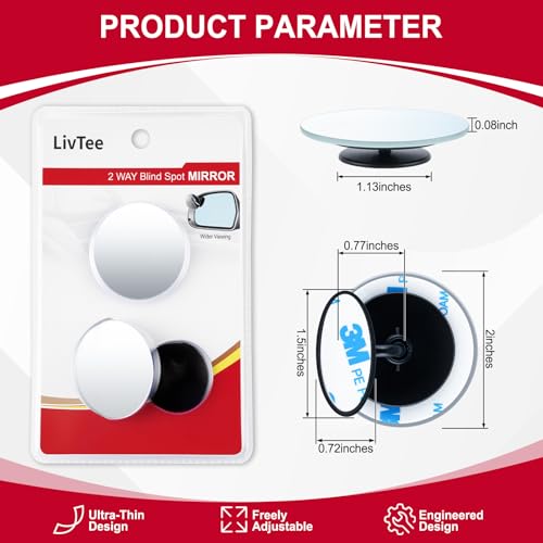 LivTee Blind Spot Mirrors, 2" Round HD Glass Frameless 360° - Product Imagery