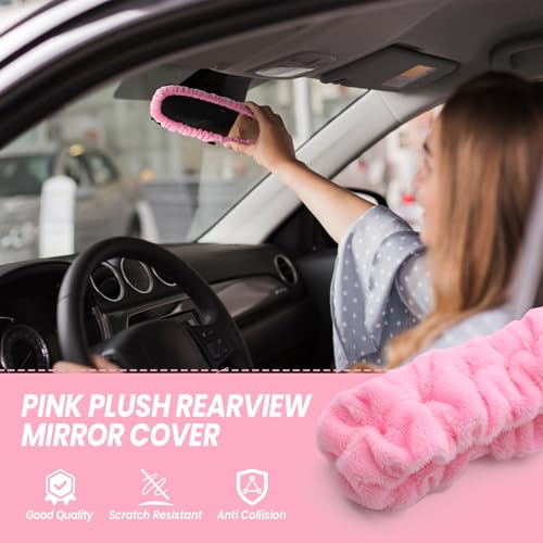 Car Rearview Mirror Cover, Pink Plush Elasticity Rear View - Product Imagery