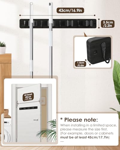 AceMining Black Broom Holder Wall Mount, 4 Holders 4 Hooks Mop - Product Imagery