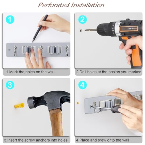 OUTNILI Gray Mop Broom Holder Wall Mount with 4 Slots & 4 Hooks - Product Imagery