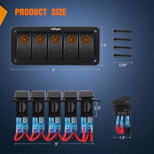 Nilight 6 Gang Rocker Switch Panel w/Orange LED Light 5Pin ON - Product Imagery