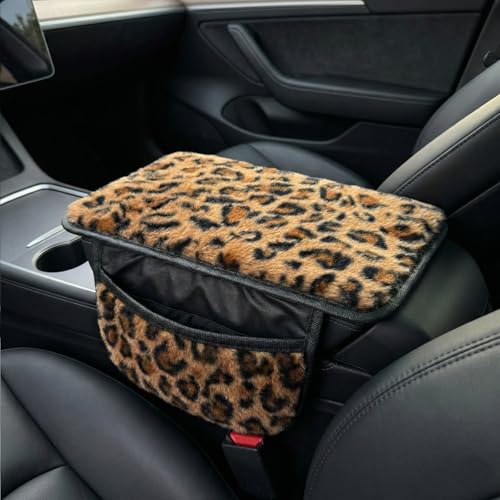 Plush Fuzzy Car Center Console Cover with Side Pockets, Leopard - Product Imagery