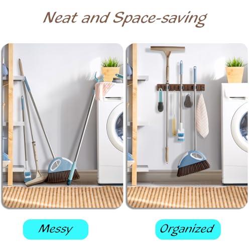 OUTNILI Mop Broom Holder Wall Mount with 3 Slots & 4 Hooks - - Product Imagery