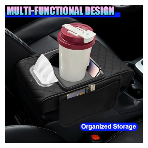 Leather Car Center Console Cover, Armrest Booster Cushion, Black - Product Imagery