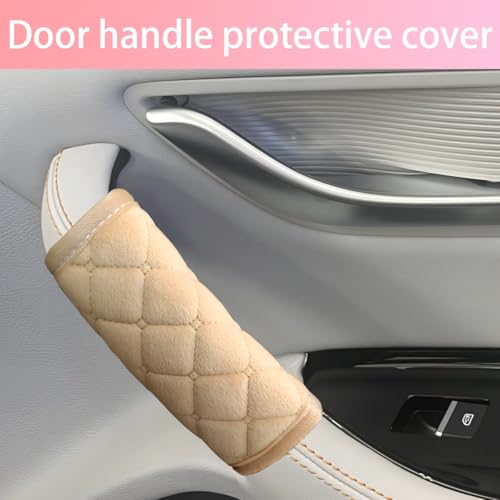 2PCS Car Grab Handle Covers Velvet Door Pull Protectors Beige - Product Imagery