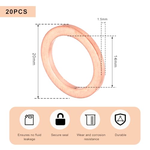20 PCS Oil Drain Plug Gasket, 14mm Copper Crush Washer Coolant - Product Imagery