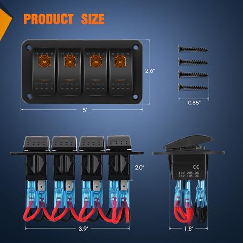 Nilight 4 Gang Rocker Switch Panel w/Orange LED Light 5Pin ON - Product Imagery