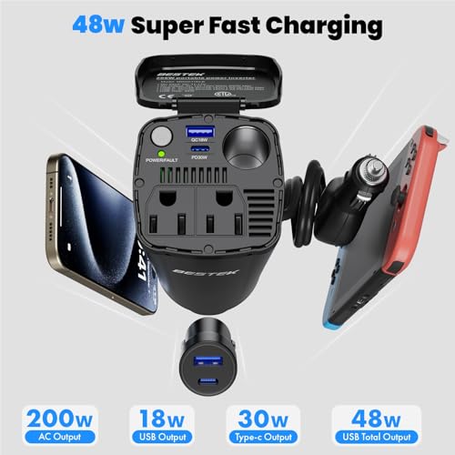 BESTEK 200W Power Inverter 12V DC to 110V AC Car Plug Adapter - Product Imagery