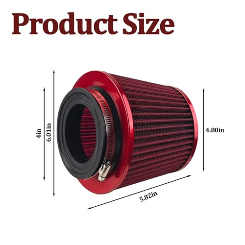 3/3.5/4 Inch Clamp-On Cone Air Intake Filter Kit, Red - Product Imagery