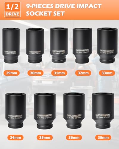 DAYUAN 9 Pcs Axle Nut Hub Impact 1/2" Drive Deep Impact Socket - Product Imagery