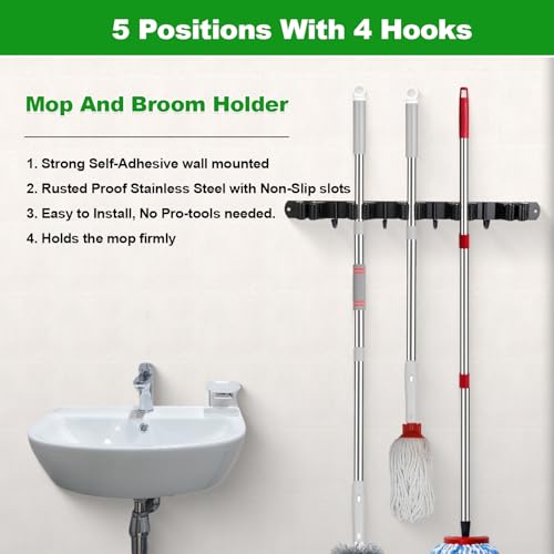 voze 5 Racks and 4 Hooks Mop and Broom Holder Wall Mount, Self - Product Imagery