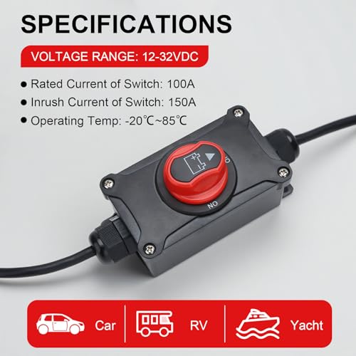 Top Post Battery Disconnect Switch, 100A 12-32V On/Off, - Product Imagery
