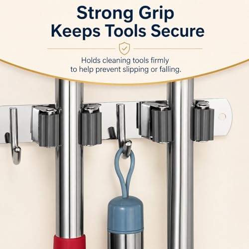 voze 5 Racks and 4 Hooks Mop and Broom Holder Wall Mount, Self - Product Imagery