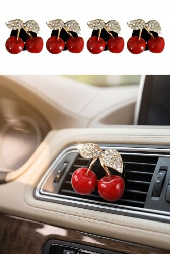 4 PCS Cherry Car Vent Clip, Rhinestone Bling Cute Cherry Decor - Product Imagery