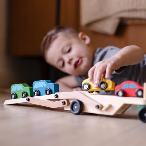 Melissa & Doug Car Carrier Truck and Cars Wooden Toy Set with 1 - Product Imagery