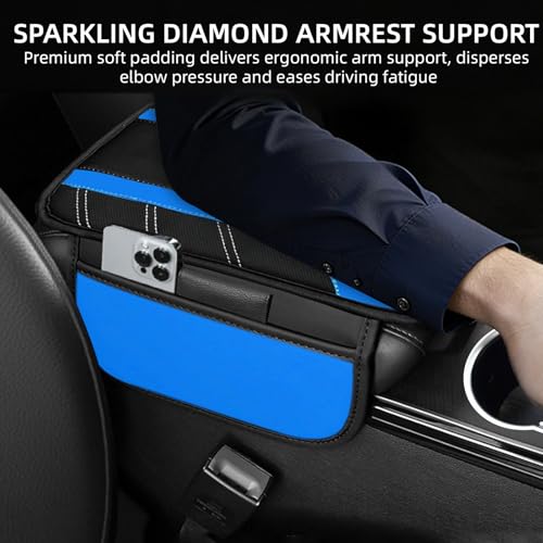 NBTEPEM Blue Center Console Cover, Sporty Leather Armrest Cover - Product Imagery