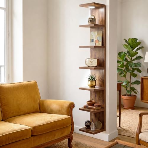 Fixwal 7 Tier Wall Shelf with LED Lights for Room Decor (Rustic - Product Imagery