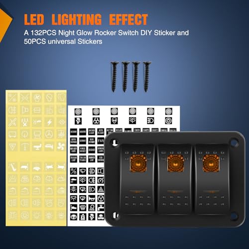 Nilight 3 Gang Rocker Switch Panel w/Orange LED Light 5Pin ON - Product Imagery