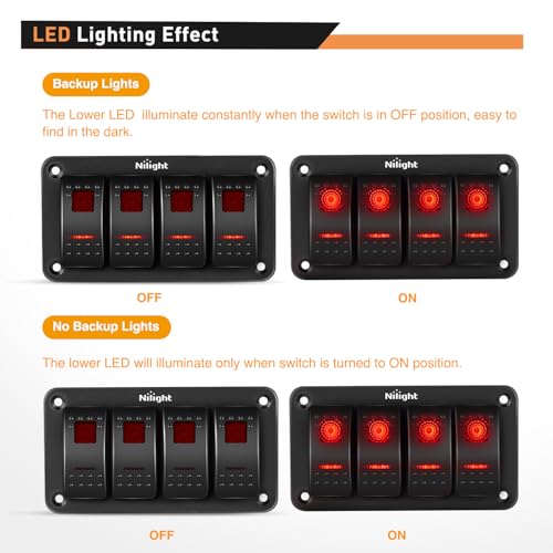Nilight 4 Gang Rocker Switch Panel SPST On Off 5PIN Electrical - Product Imagery
