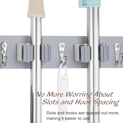 OUTNILI Gray Mop Broom Holder Wall Mount with 4 Slots & 4 Hooks - Product Imagery