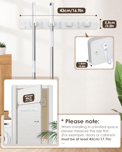 AceMining White Broom Holder Wall Mount, 4 Holders 4 Hooks Mop - Product Imagery