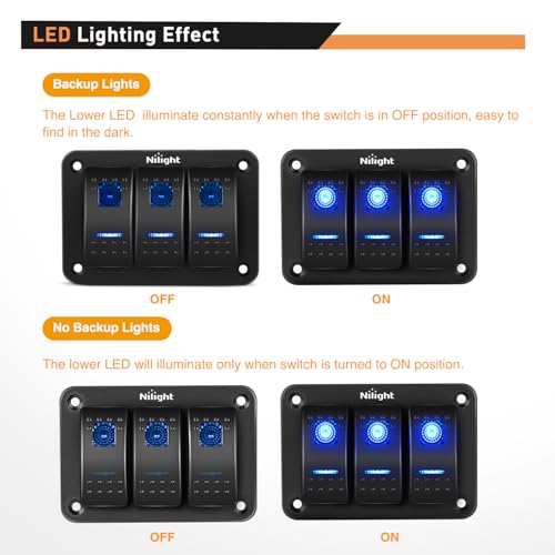 Nilight 90017C 3 Gang Aluminum Panel Toggle Dash 5 Pin On/Off - Product Imagery