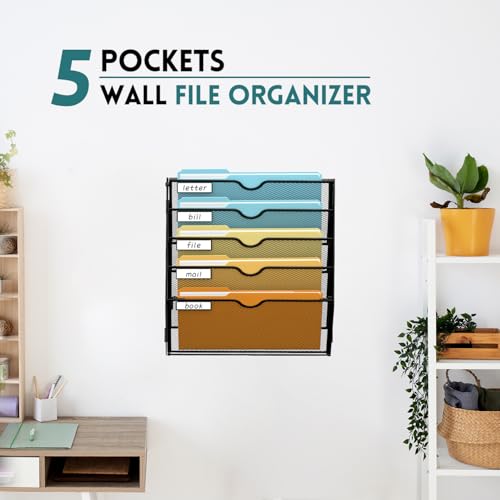 SUPEASY 5 Tier Wall File Organizer, Hanging Wall Mounted Mail - Product Imagery