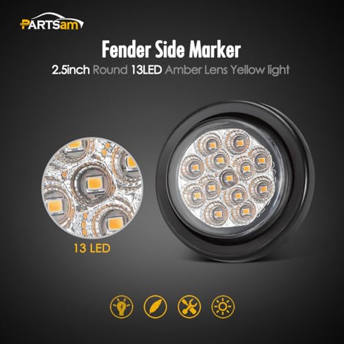 Partsam 10Pcs 2.5" Round Amber 13 LED Side Marker Clearance - Product Imagery