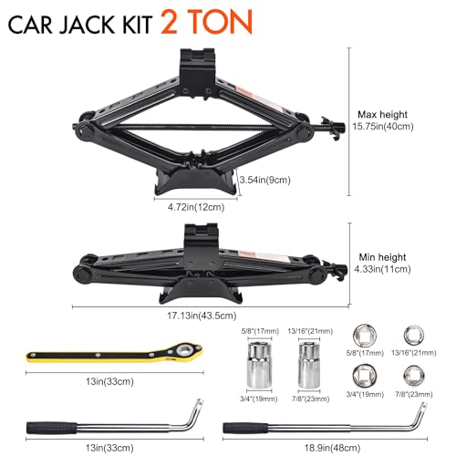 Scissor Car Jack 2 Ton (4409 lbs) Tire Changing Kit with Lug - Product Imagery