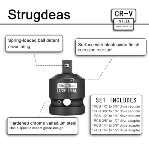 StrugDeas 6 Piece Impact Socket Adapter and Reducer Set - Product Imagery