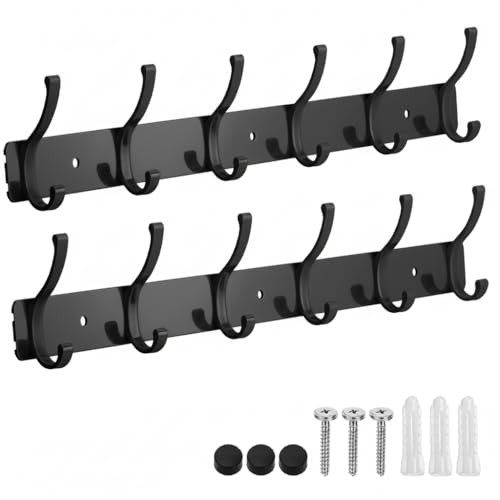Wall Mount Coat Rack 2 Pack, Black Coat Hooks Hanger with 6 - Product Imagery