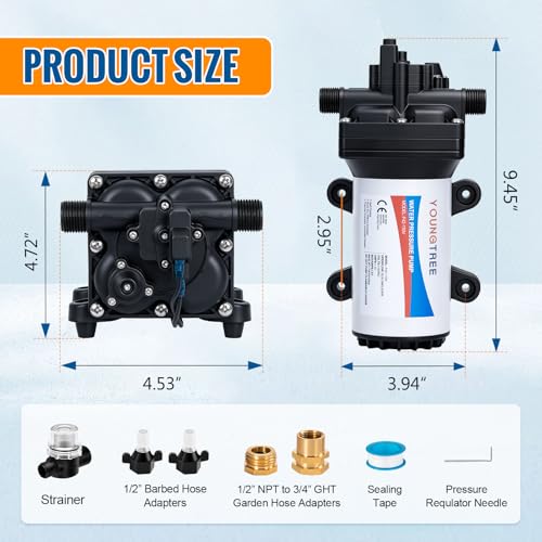 YOUNGTREE Water Pressure Diaphragm Pump 110V AC 5.5GPM 70PSI RV - Product Imagery
