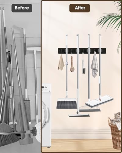 AceMining Black Broom Holder Wall Mount, 4 Holders 4 Hooks Mop - Product Imagery