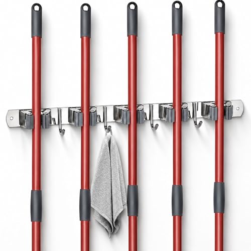 voze 5 Racks and 4 Hooks Mop and Broom Holder Wall Mount, Self - Product Imagery