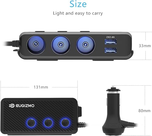 EUGIZMO 7 in 1 Cigarette Lighter Splitter,3 Socket 200W Car - Product Imagery