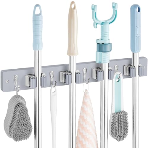 OUTNILI Gray Mop Broom Holder Wall Mount with 4 Slots & 4 Hooks - Product Imagery