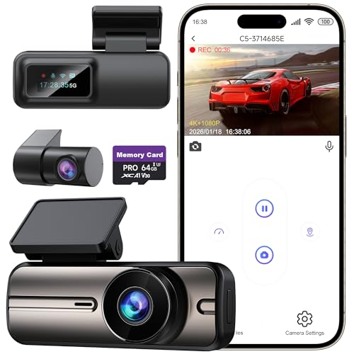 Dash Cam Front and Rear 4K+1080P, 5GHz WiFi, App Control, with - Product Imagery