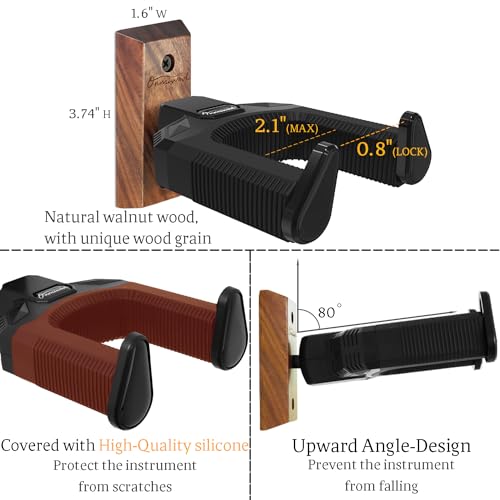 Onmiwod Guitar Wall Mount 2 Pack, Auto Lock Walnut Wood Guitar - Product Imagery